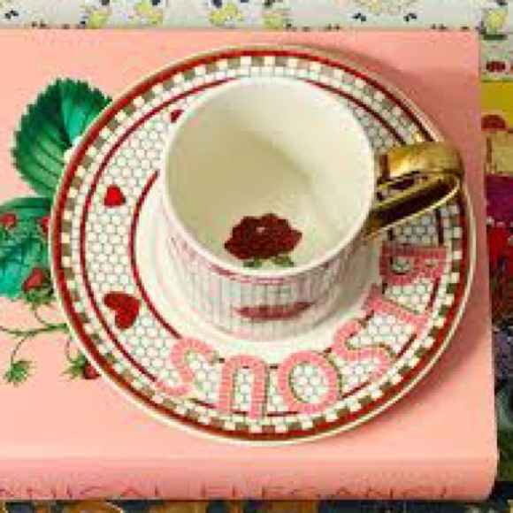NWT Anthropologie Bistro Tile Espresso Cup and Saucer Set with gold details